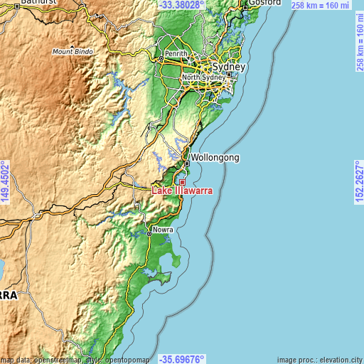 Topographic map of Lake Illawarra