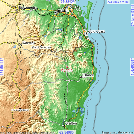 Topographic map of Kyogle