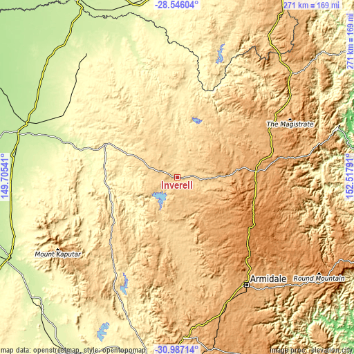 Topographic map of Inverell