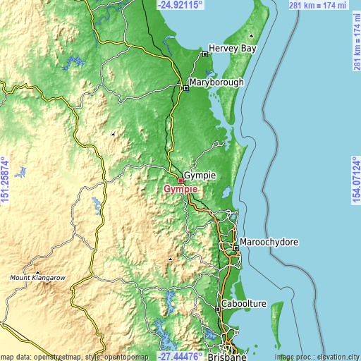 Topographic map of Gympie