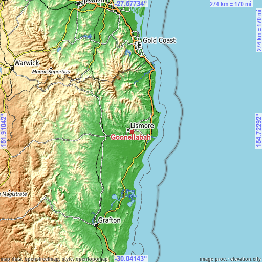 Topographic map of Goonellabah