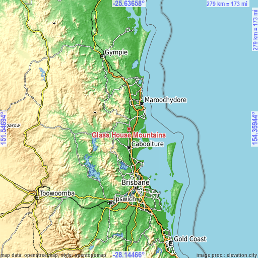 Topographic map of Glass House Mountains