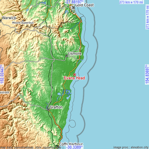 Topographic map of Evans Head