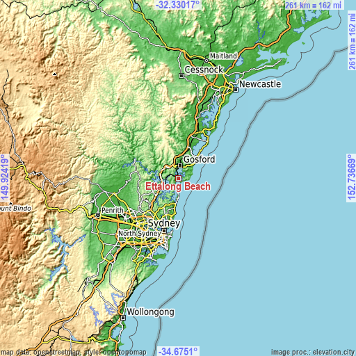 Topographic map of Ettalong Beach