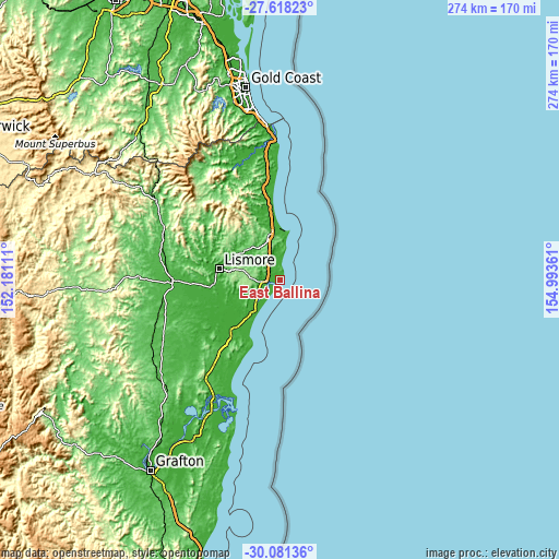 Topographic map of East Ballina