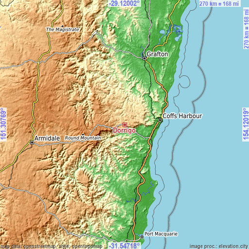 Topographic map of Dorrigo