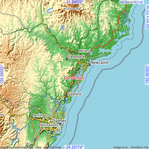 Topographic map of Dora Creek