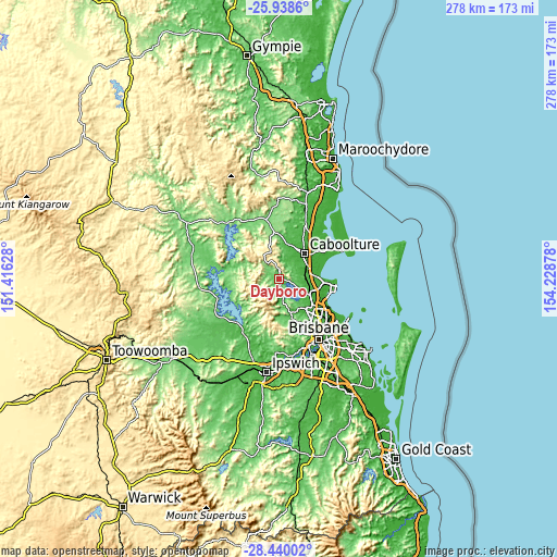 Topographic map of Dayboro