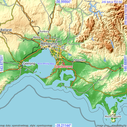 Topographic map of Cranbourne
