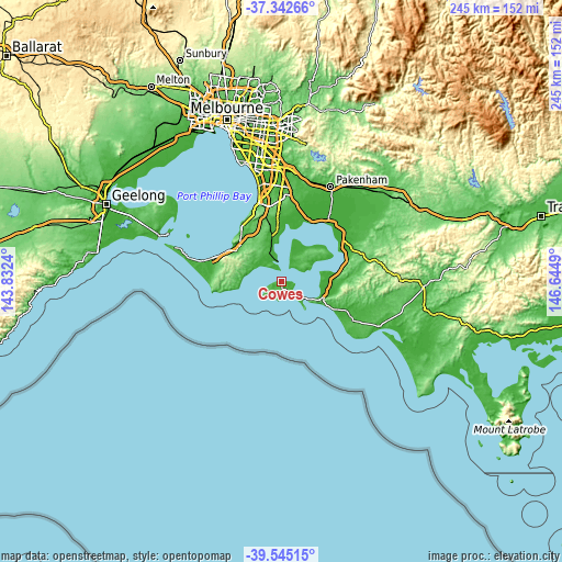 Topographic map of Cowes