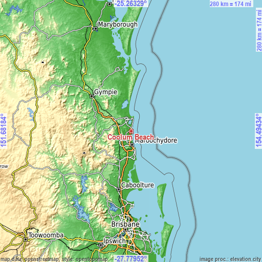 Topographic map of Coolum Beach