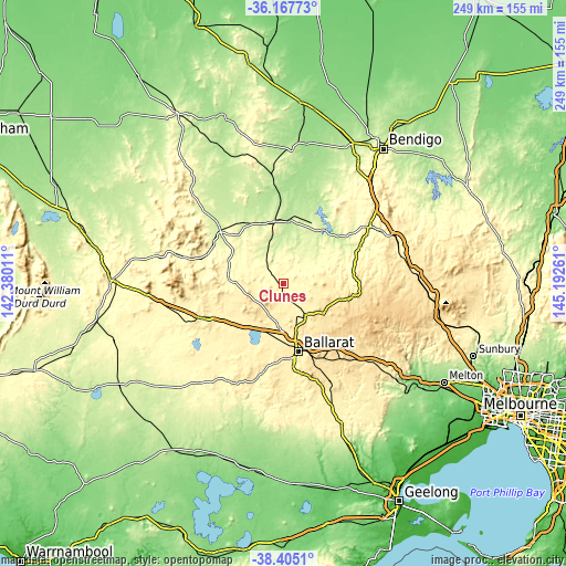 Topographic map of Clunes