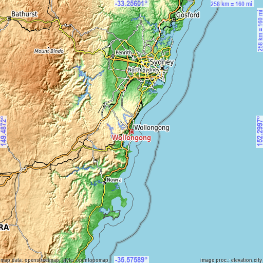 Topographic map of Wollongong