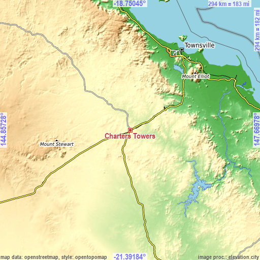 Topographic map of Charters Towers