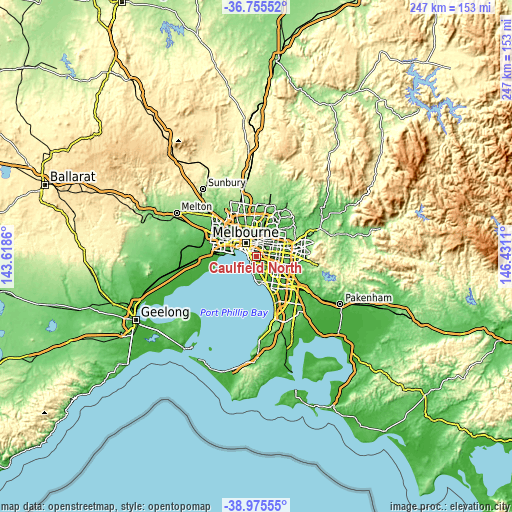 Topographic map of Caulfield North