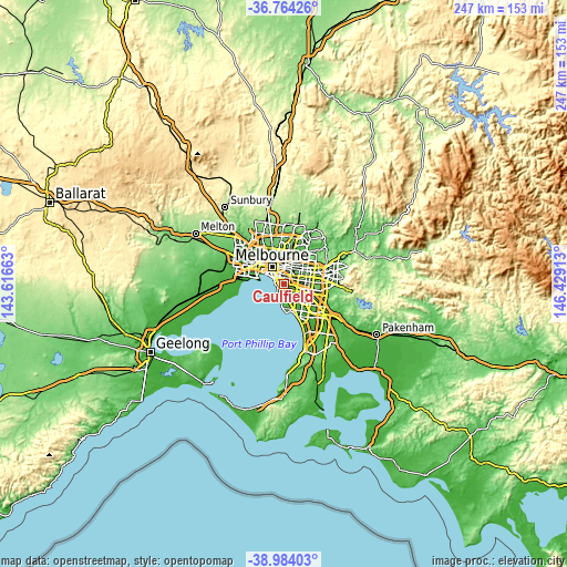 Topographic map of Caulfield