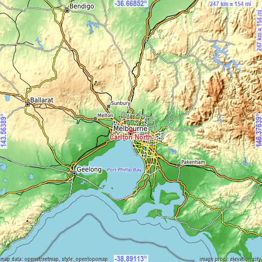 Topographic map of Carlton North