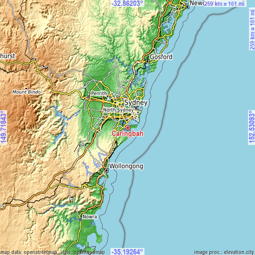 Topographic map of Caringbah