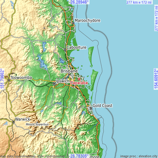 Topographic map of Capalaba