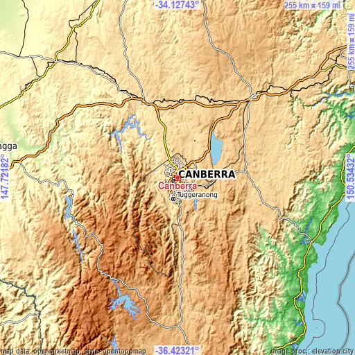 Topographic map of Canberra