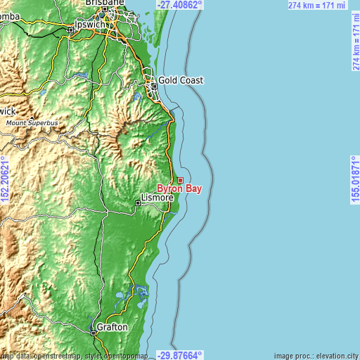 Topographic map of Byron Bay