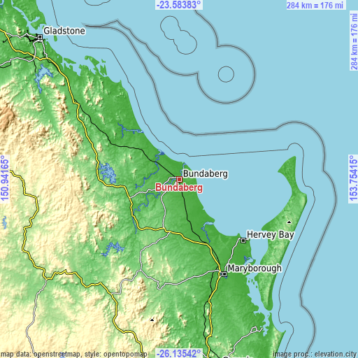 Topographic map of Bundaberg