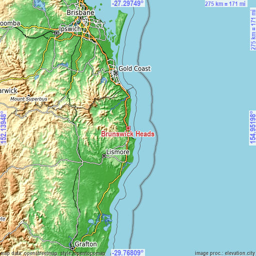 Topographic map of Brunswick Heads