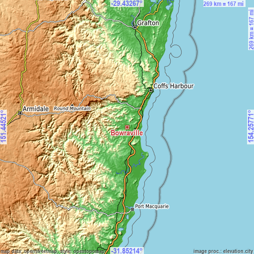 Topographic map of Bowraville