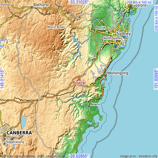 Topographic map of Bowral