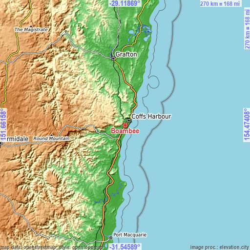 Topographic map of Boambee