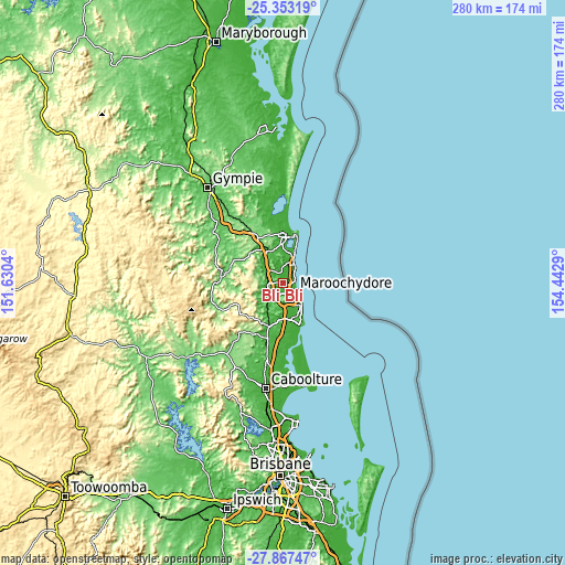 Topographic map of Bli Bli