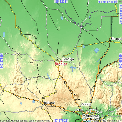 Topographic map of Bendigo