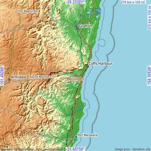 Topographic map of Bellingen