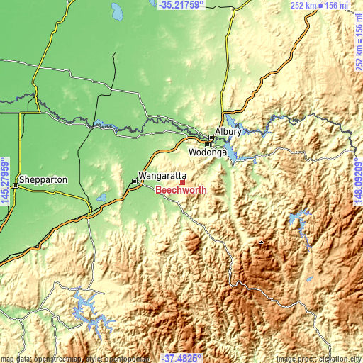 Topographic map of Beechworth