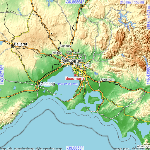 Topographic map of Beaumaris