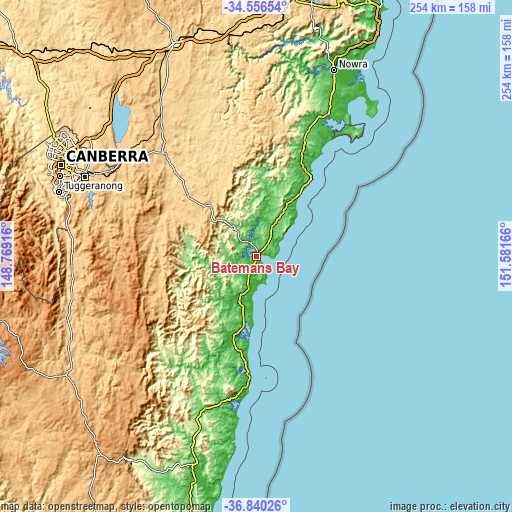 Topographic map of Batemans Bay