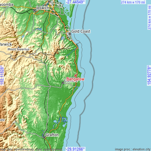 Topographic map of Bangalow