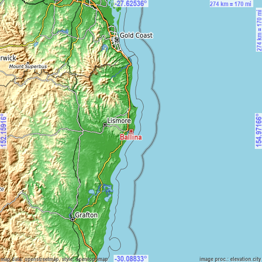 Topographic map of Ballina