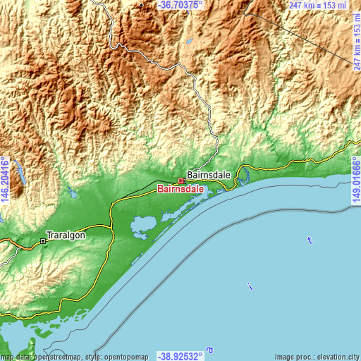 Topographic map of Bairnsdale