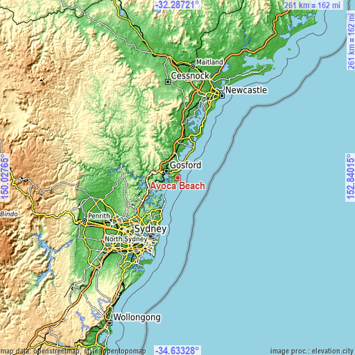 Topographic map of Avoca Beach