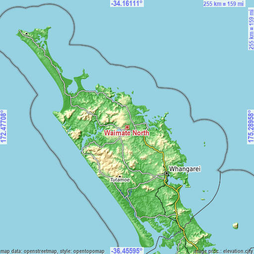 Topographic map of Waimate North