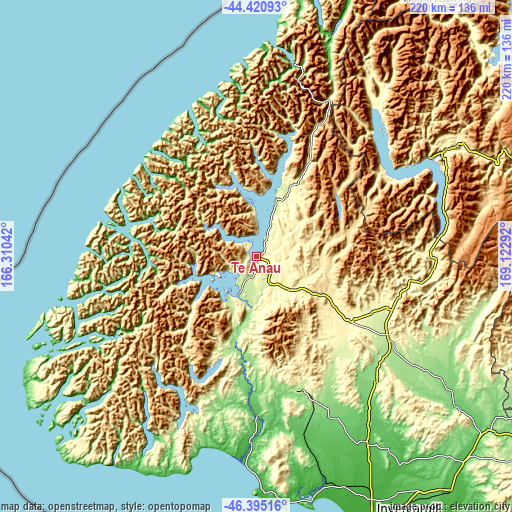 Topographic map of Te Anau