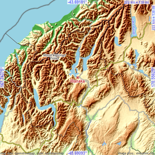 Topographic map of Wanaka