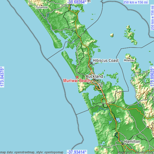 Topographic map of Muriwai Beach
