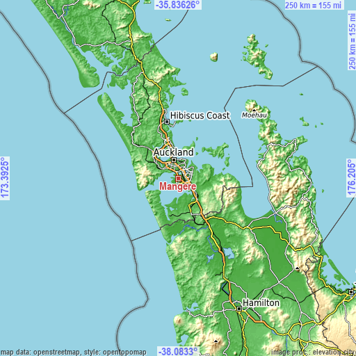 Topographic map of Mangere