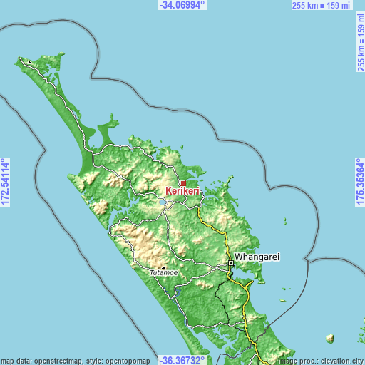 Topographic map of Kerikeri