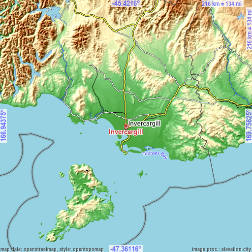 Topographic map of Invercargill