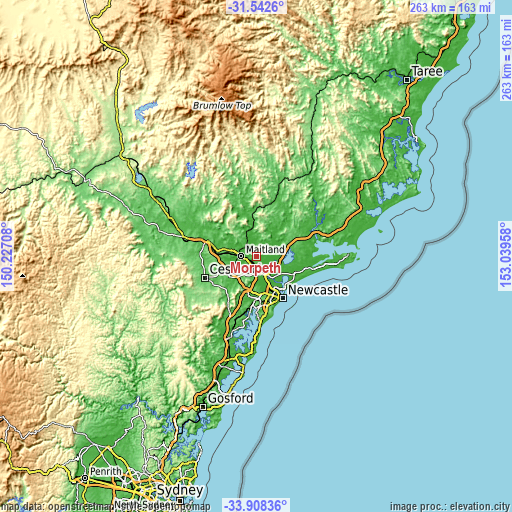 Topographic map of Morpeth