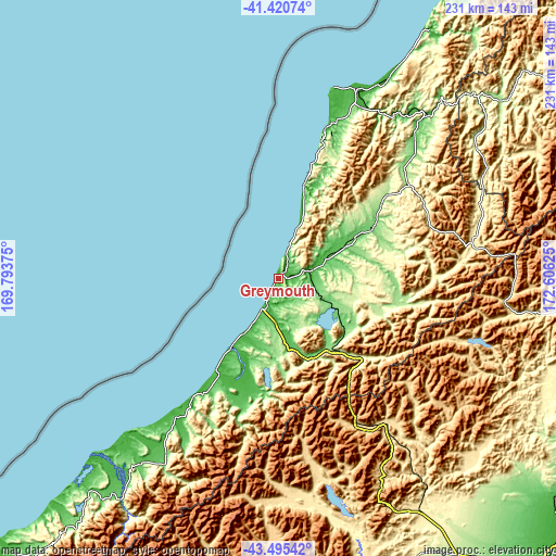 Topographic map of Greymouth