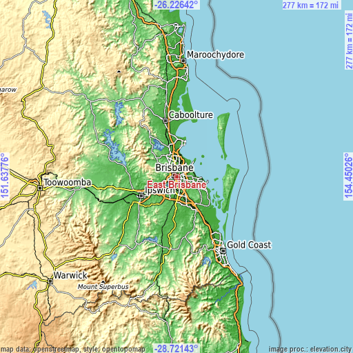 Topographic map of East Brisbane